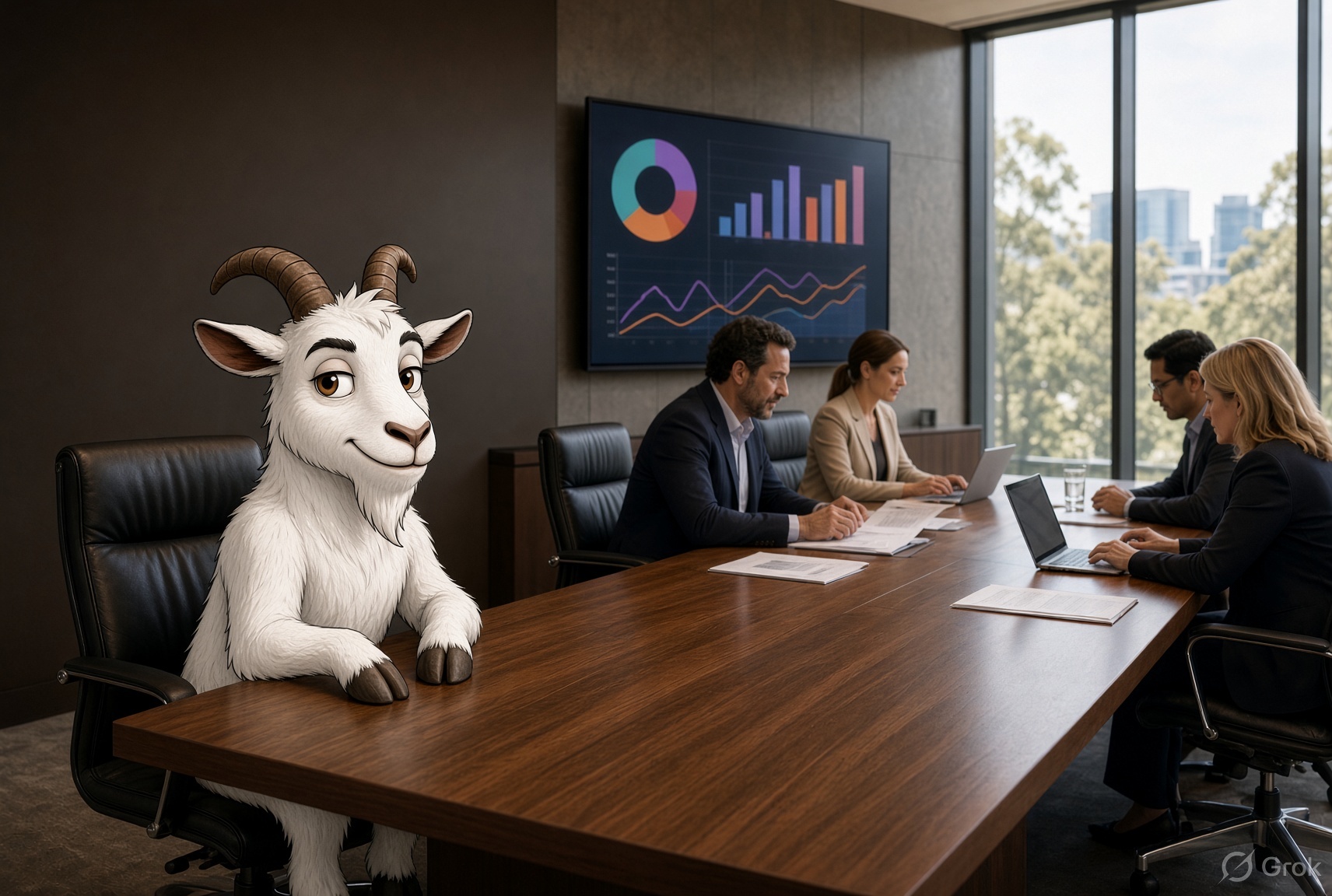 IT GOAT mascot seated in a business boardroom
